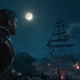 A sailor looks out a a pirate cover at night under the light of the moon.